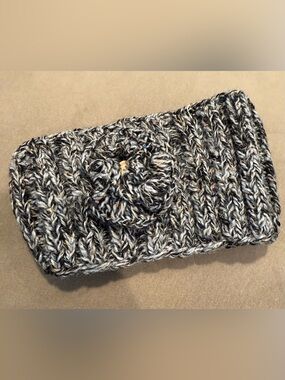 Scala Gray Marled Knit Headband with Flower Accent and Button Closure